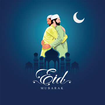 Young Religious Muslim People wishing each other on occasion of Eid, star round frame on yellow background for Islamic Festival celebration.