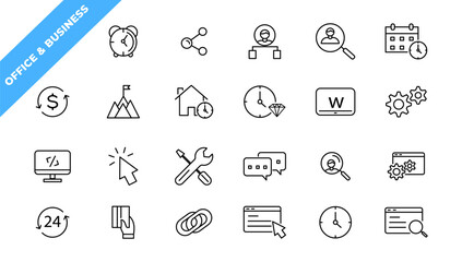    Office and Business thin line web icons. Outline icons collection. Business, Marketing, Banking, SEO, Teamwork and other symbols. Office management sumbols.