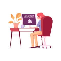 Lonely unhappy woman waiting for messages, flat illustration isolated.