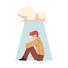 Lonely upset man character under rain cloud, flat illustration isolated.