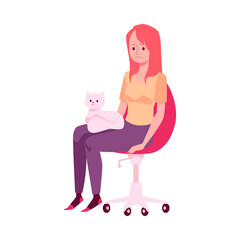 Obraz premium Upset lonely woman sitting in chair with cat flat illustration isolated.