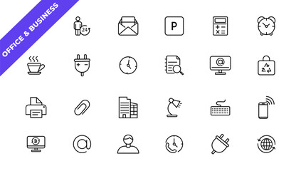    Office and Business thin line web icons. Outline icons collection. Business, Marketing, Banking, SEO, Teamwork and other symbols. Office management sumbols.