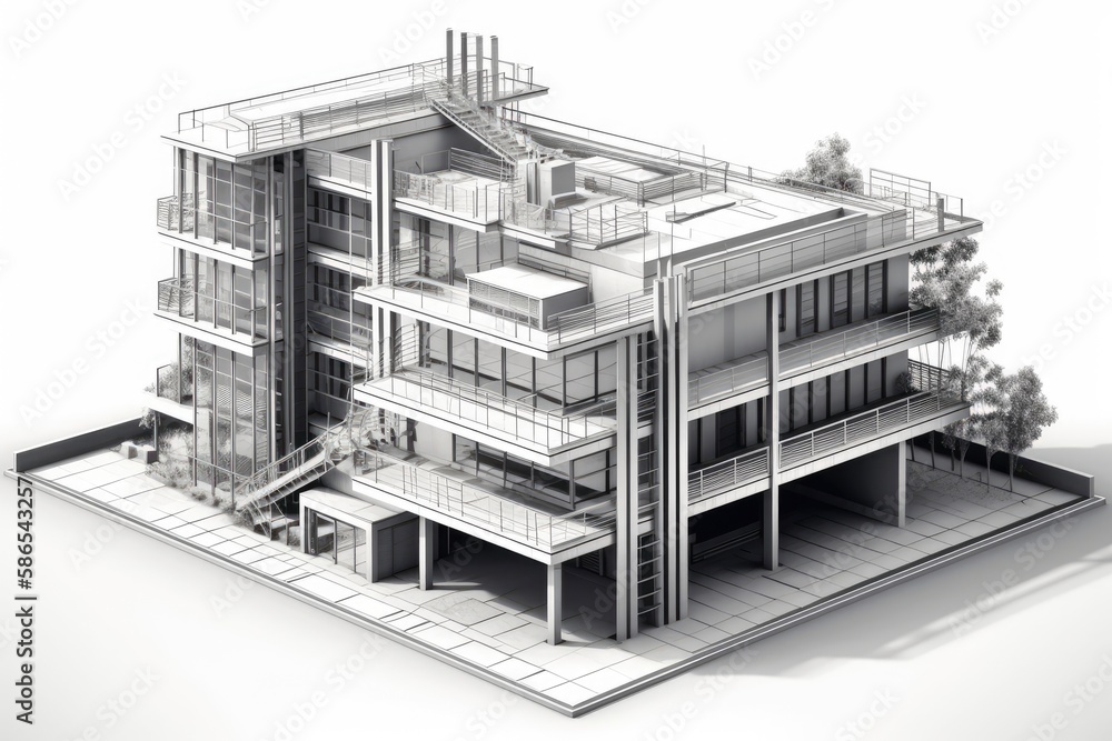 Aufkleber an architectural model of a building with multiple balconies and terraces. generative ai
