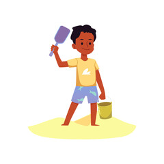 Cute boy on sand with toy shovel and bucket, flat illustration isolated.