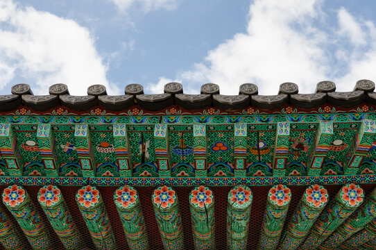 A close up of traditional Korean decorative coloring called dancheong