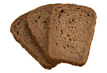 Three slices of black bread lie on a wooden board on a transparent PNG layer. Nutrition concept.
