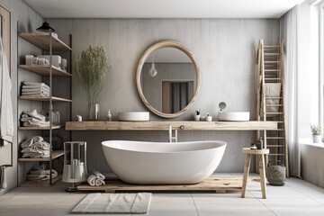 Fototapeta na wymiar luxurious white bathtub placed underneath a sleek bathroom mirror. Generative AI