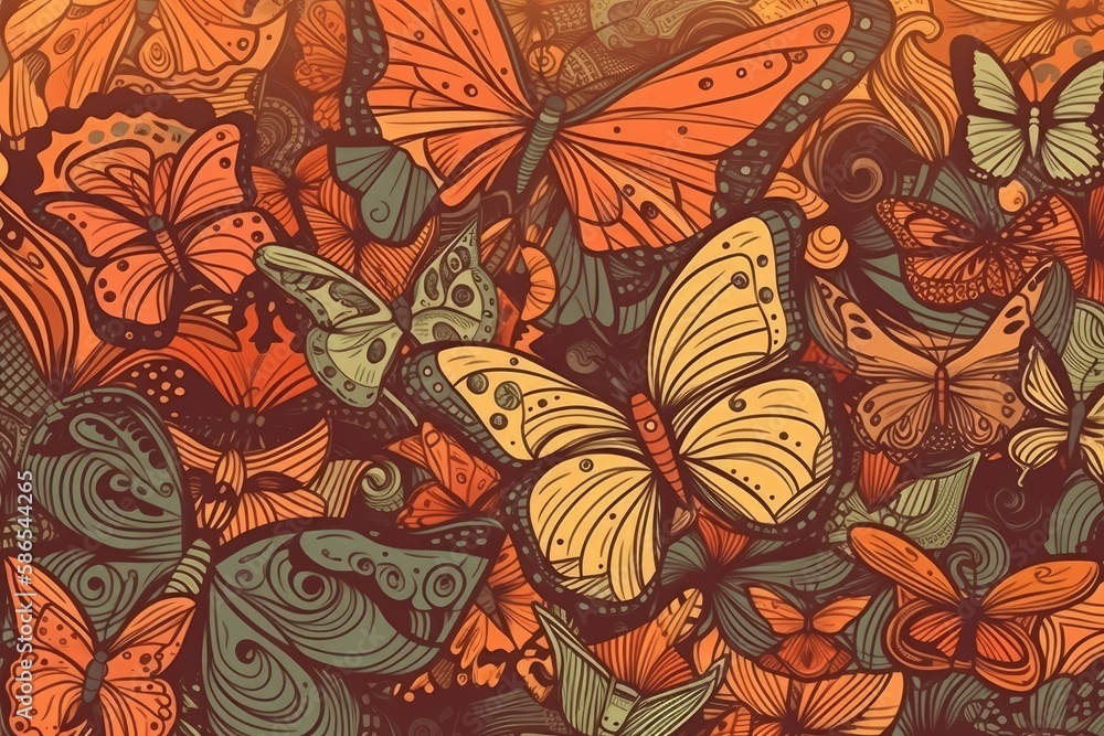 Poster colorful array of butterflies in flight. generative ai