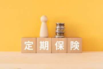 定期保険と書かれたブロックと人形とコイン