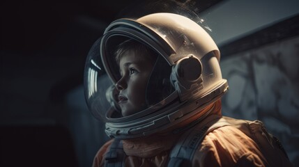 Fototapeta premium Little kid wearing spacesuit. Cosmonaut concept. Ai generated.