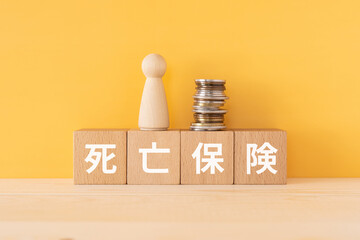 死亡保険と書かれたブロックと人形とコイン