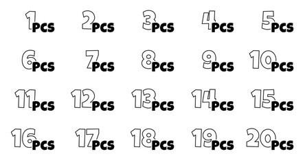Number of pieces in package set. From 1 to 20 pcs packaging label collection. Items amount in product packing. Cartoon style outline icons. Vector eps illustration isolated on white background