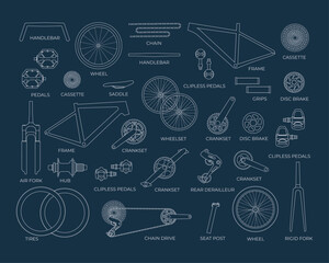 Scheme, a set of bicycle parts on a blackboard. Elements, details of a gravel, road, mtb bike with names in an outline style. Fork, wheels, chain, frame, crankset, pedals. Isolated vector illustration