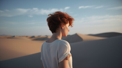 Fototapeta na wymiar Red hair woman looking into a desert space. Calm and inspiring