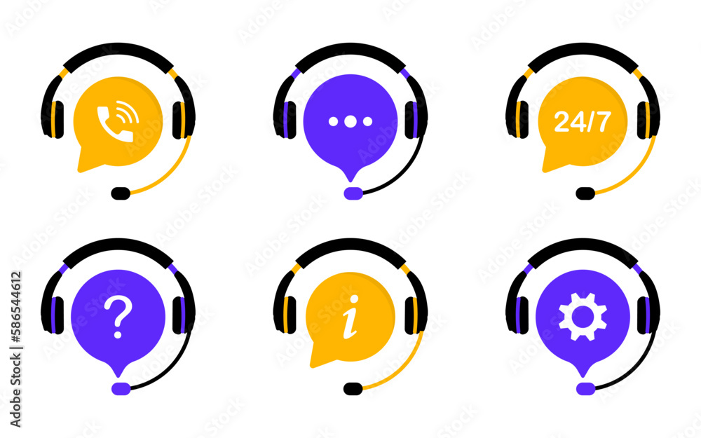 Poster set of support service symbols. hotline support service. tech support. call center, hotline client c