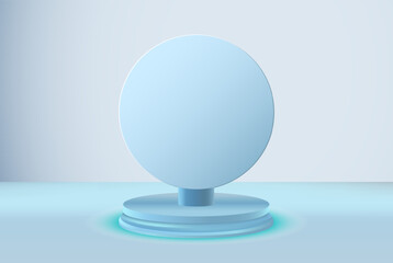 Realistic blue cylindrical pedestal with a round blue banner on a stand. Abstract minimal scene for product showcase, advertising display.