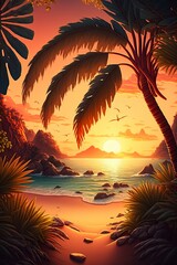 cartoon illustration, tropical landscape, ai generative