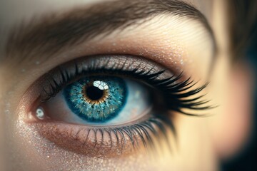 Fototapeta premium Close-up of Natural Blue Eye with Beautiful Glitter Detail in Studio Light, Generative AI
