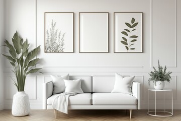 Interior of modern living room with white sofa, plants and posters on wall