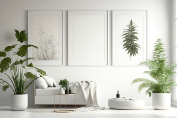 Naklejka na ściany i meble Interior of modern living room with white walls, wooden floor, white sofa and plants. 3d render