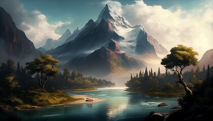 Fototapeta na wymiar Landscape with lake and Mountain in Fog Beautiful Relaxed Mesmerizing Realistic Colorful Digital Illustration 