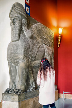 Visitor looking on Assyrian Lamassu or winged bull in Pergamon museum in city Berlin at Germany