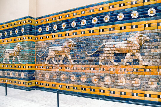 Tiles Pattern of Babylon's The Ishtar Gate inside The Pergamon Museum in Berlin at Germany