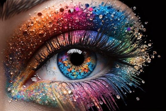Close-up of Dramatic Rainbow Glitter Eyeshadow and Falsies, Generative AI