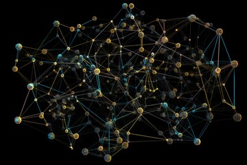 A detailed illustration of a complex network of interconnected geometric shapes, with different nodes and connections, on black background Generative AI