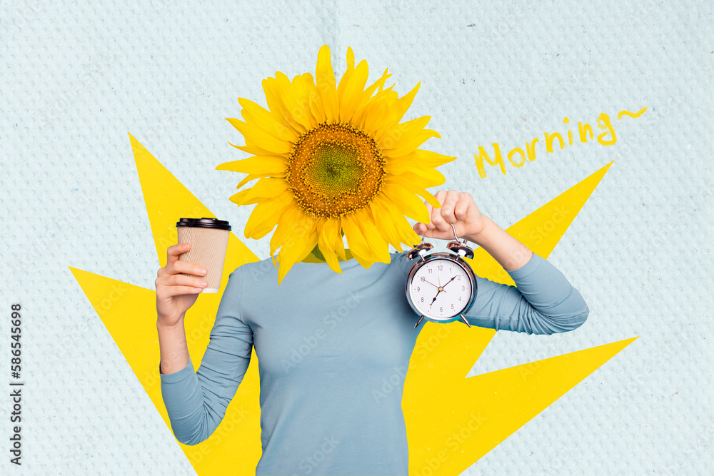 Sticker creative retro 3d magazine collage image of lady sunflower instead head holding clock drink coffee i