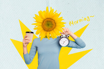Creative retro 3d magazine collage image of lady sunflower instead head holding clock drink coffee isolated painting background - obrazy, fototapety, plakaty