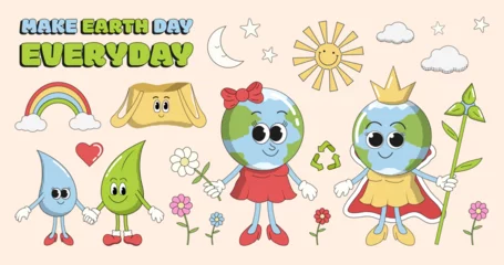 Fotobehang Earth Day retro vector stickers and drawing in 1970s groovy style, Earth Day holiday theme, set of natural and ecological objects. © Diana Berber