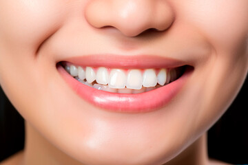 Obraz premium Close up woman detail healthy white teeth, beige lipstick. Generative AI