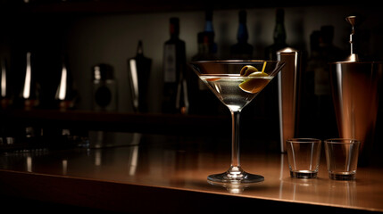 Elegant cocktail martini tonic bar counter blurred dark background, background for menu and special offers. Generative AI