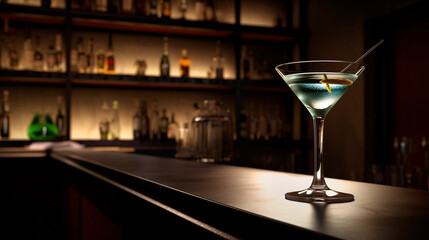 Elegant cocktail martini tonic bar counter blurred dark background, background for menu and special offers. Generative AI