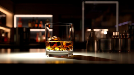 Fototapeta na wymiar a glass of whiskey on ice on the bar counter. Generative AI