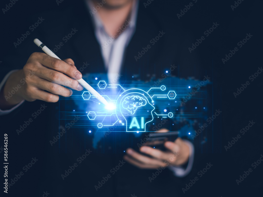 Poster ai (artificial intelligence) growing with brain. businessman data analytics information trends with 