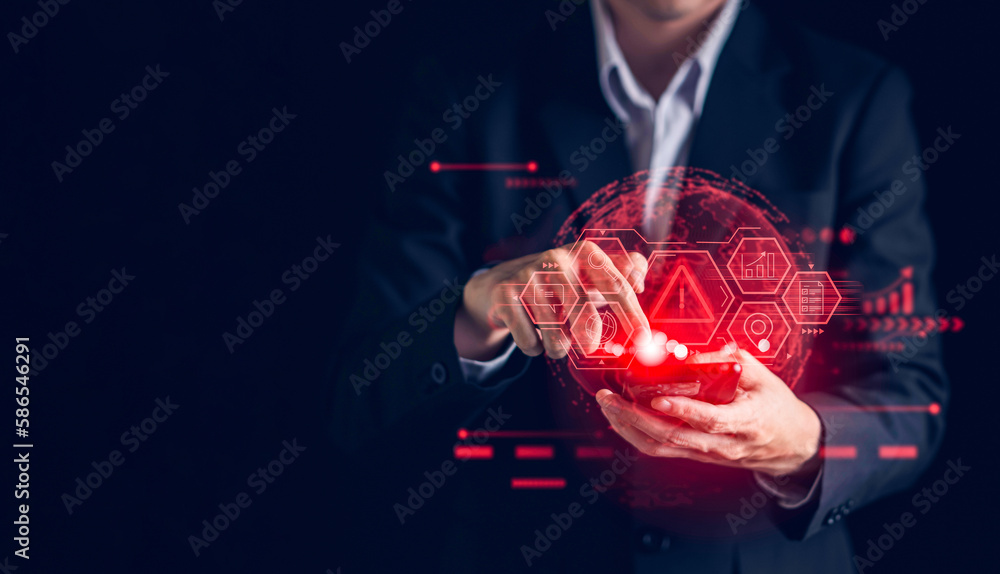 Poster system hacked warning alert on smartphone. cyber attack on computer network, virus, spyware, malware