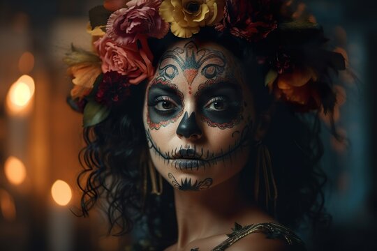 Cinco de mayo woman black hair face painted, day of the dead ,generative Ai