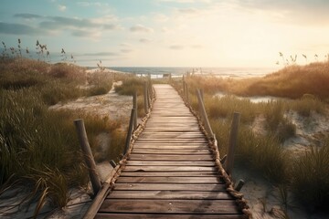 Wooden path going towards the sea, generative Ai