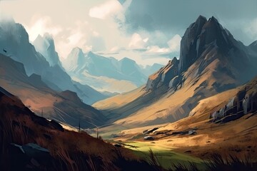 majestic mountain range with a tranquil valley in the foreground. Generative AI