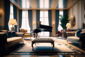 A hotel room with a grand piano as the centerpiece, surrounded by plush velvet sofas - Generative AI