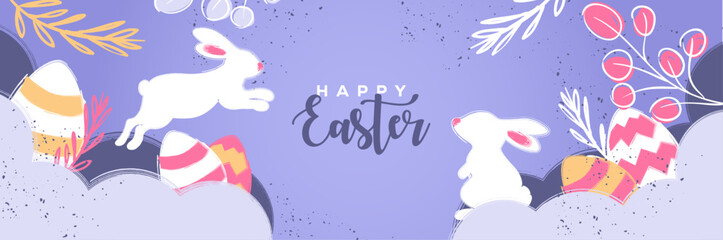 Naklejka premium Happy Easter banner. Trendy Easter design, hand painted strokes and dots, Modern minimal style. Horizontal poster, greeting card, header for website.