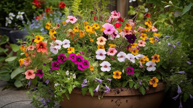 The Eclectic Beauty of a Flowerpot Garden - Daisies, Petunias and More Blooming in Red, White, Pink, Orange and Yellow: Generative AI