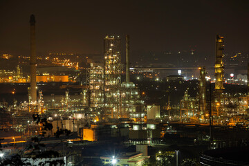 Morning scene of oil refinery plant and power plant of Petrochemistry  in the morning time on the top of the hill
