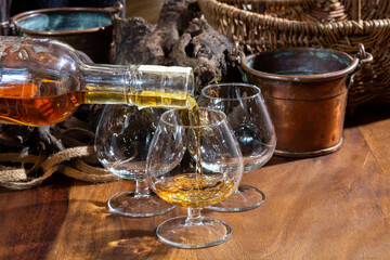 Tasting of aged french cognac brandy alcoholic drink in old cellars of cognac-producing regions Champagne or Bois, France
