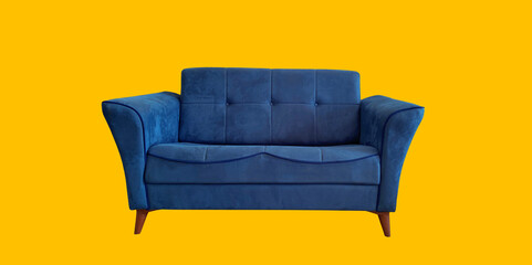 Blue sofa with legs isolated on yellow background
