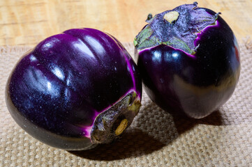 Fresh ripe sicilian purple globe Violetta eggplants vegetables ready to cook, healthy Italian food