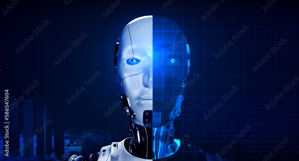 Poster reality robot face on cityscape and a half transparent face, front view, on digital binary code on b