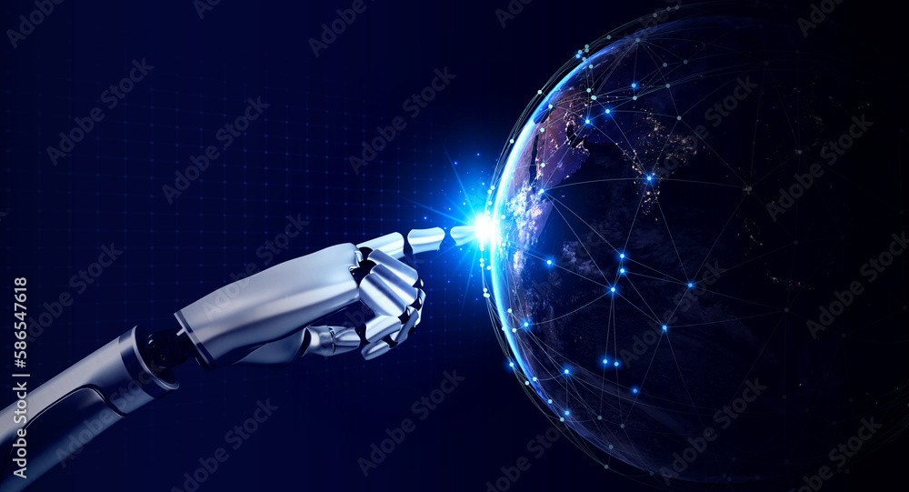 Poster 3d rendering humanoid robot's hand touching on virtual reality world covered with digital network po